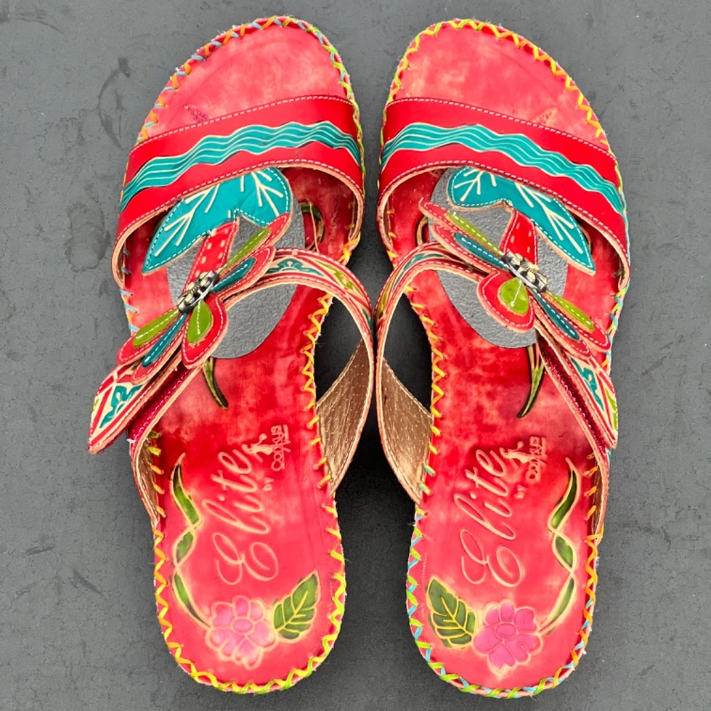 Corkys Elite Artsy Mule Heels Red Leather Floral Slip On Heeled Sandal Size 9 - Picture 5 of 16